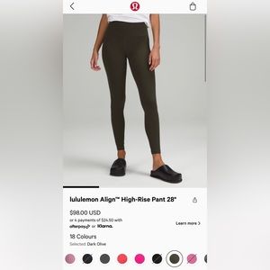 Lululemon align HR 28” size 8 - Dark Olive